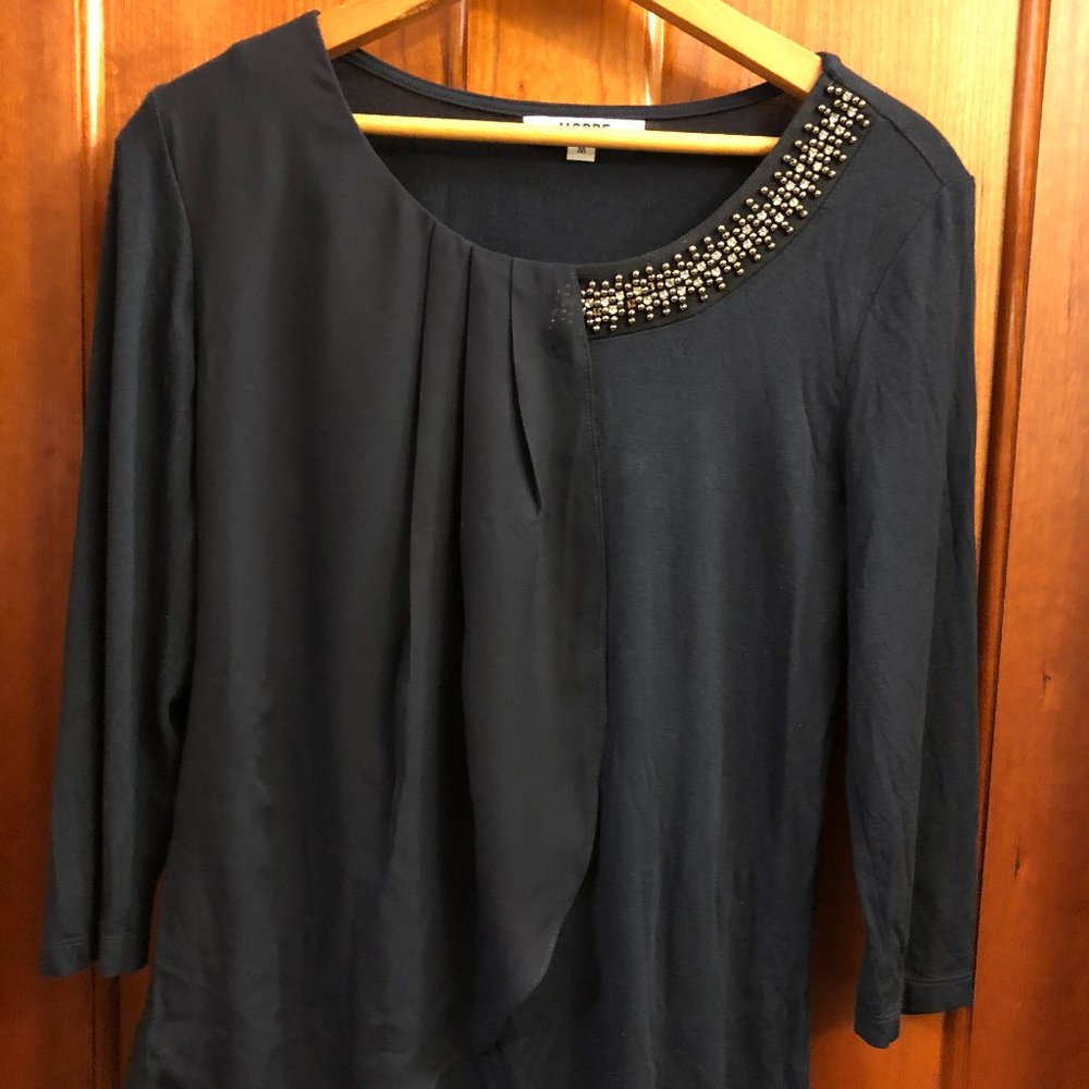 Modbe/DownEast beaded asymmetrical navy top